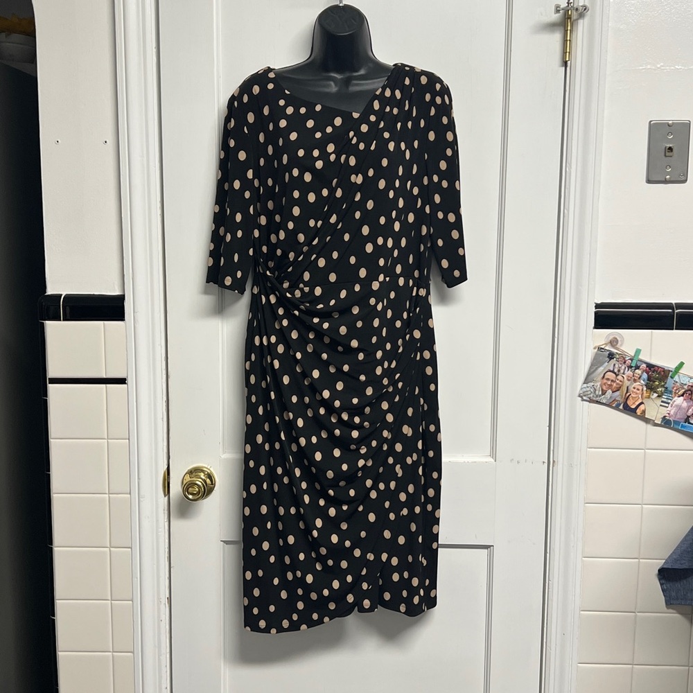 Faux wrap dress by Connected Apparel asymmetrical neck line ladies size 14-16